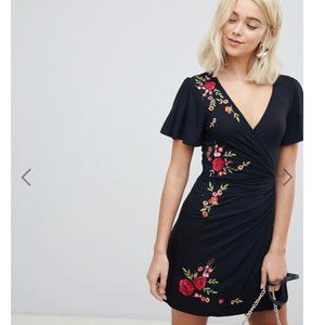 ASOS Embroidered Black Wrap Minidress